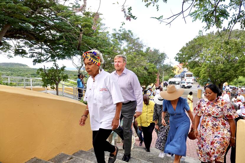 King Willem-Alexander, Queen Máxima and the Princess of Orange visit the Tula Museum at Landhuis Knip in Curacao