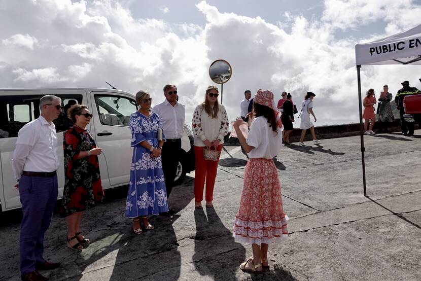 King Willem-Alexander, Queen Máxima and the Princess of Orange at a presentation on lacemaking in Saba
