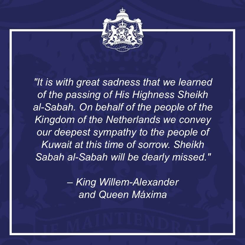 Response by King Willem-Alexander and Queen Máxima upon the death of Sheikh Sabah al-Sabah of Kuwait