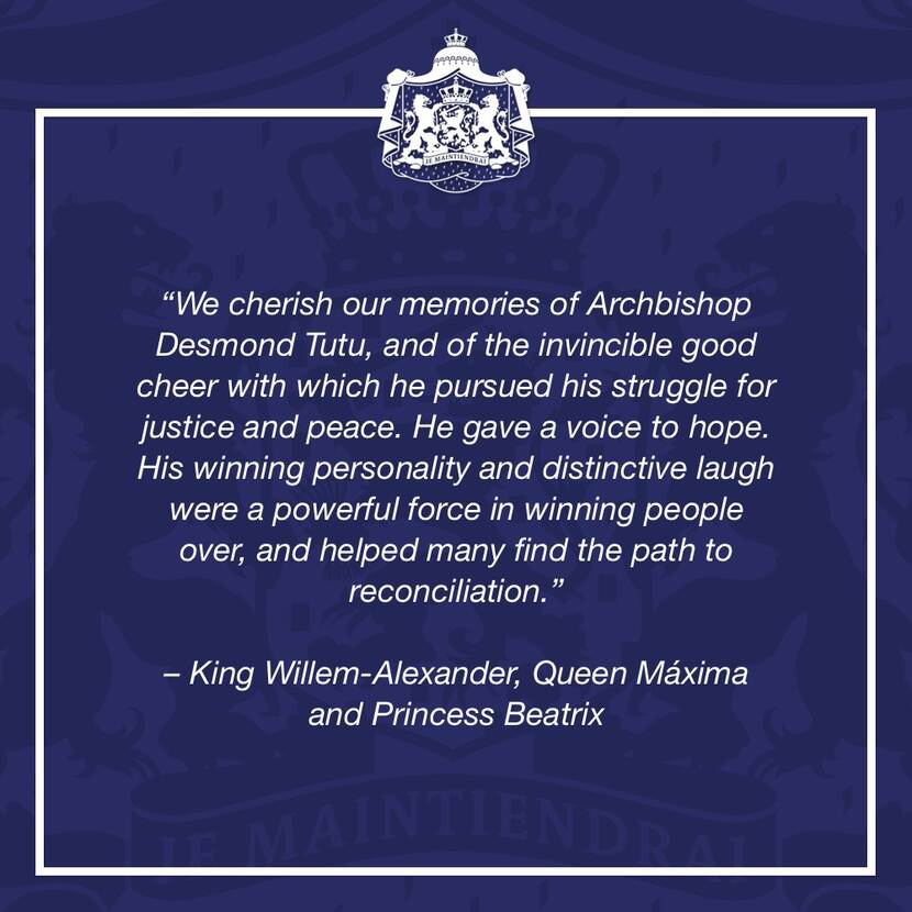 Response by King Willem-Alexander, Queen Máxima and Princess Beatrix upon the death of Archbishop Desmond Tutu.