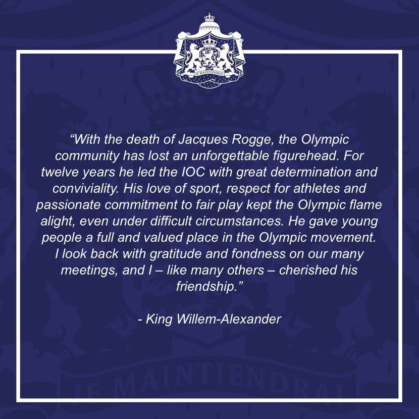 Response of King Willem-Alexander to the death of former IOC president Jacques Rogge