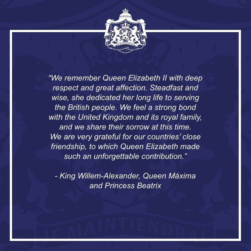 Response by King Willem-Alexander, Queen Máxima and Princess Beatrix upon the death of Queen Elizabeth II