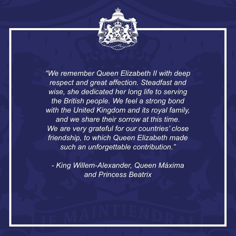 Response by King Willem-Alexander, Queen Máxima and Princess Beatrix upon the death of Queen Elizabeth II