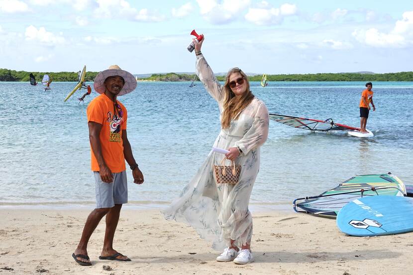 The Princess of Orange at a windsurfing demonstration in Sorobon Bay in Bonaire
