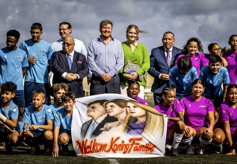 King Willem-Alexander and Princess of Orange visit the Soccer Academy at Compleho Deportivo Frans Figaroa at Aruba