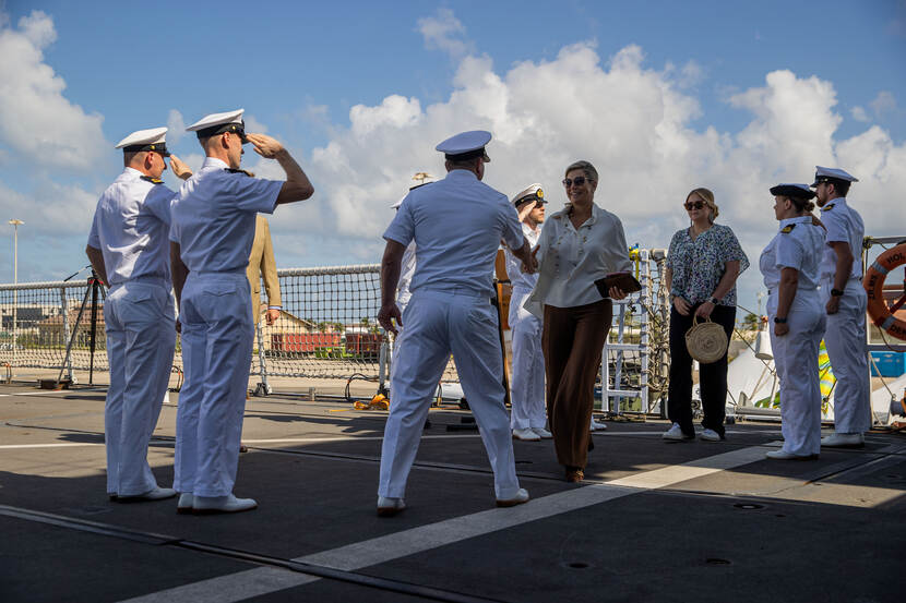 Queen Máxima and the Princess of Orange board the patrol ship HNLMS Holland