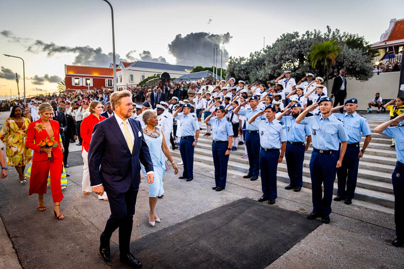 King Willem-Alexander, Queen Máxima and the Princess of Orange arrive at Curacao