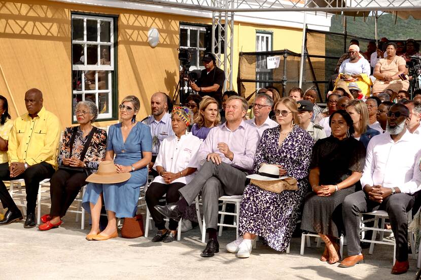 King Willem-Alexander, Queen Máxima and the Princess of Orange watch a performance at Tula Museum in Curacao