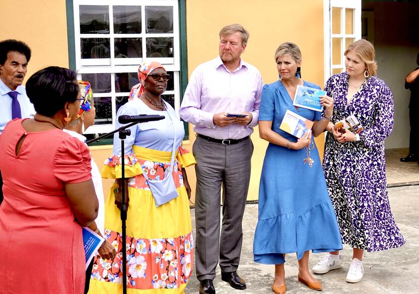 King Willem-Alexander, Queen Máxima and the Princess of Orange at the Tula Museum at Landhuis Knip in Curacao