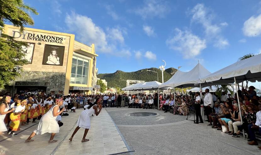 King Willem-Alexander, Queen Máxima and the Princess of Orange watch a performance on the Boardwalk in Philipsburg in St Maarten