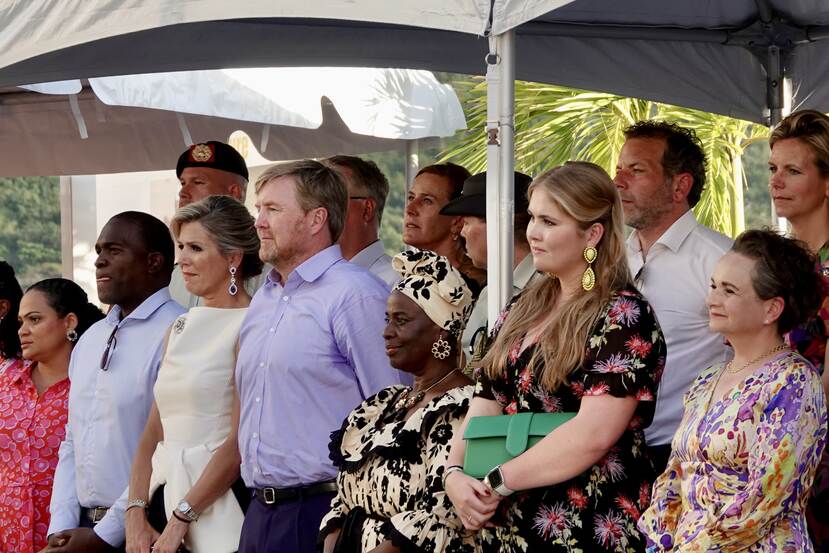 King Willem-Alexander, Queen Máxima and the Princess of Orange watch a performance on the Boardwalk in Philipsburg in St Maarten