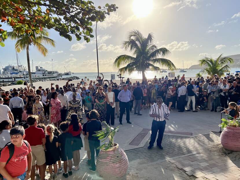 King Willem-Alexander, Queen Máxima and the Princess of Orange watch a performance on the Boardwalk in Philipsburg in St Maarten