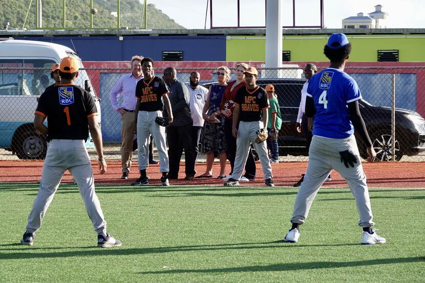 King Willem-Alexander, Queen Máxima and the Princess of Orange at a youth baseball tournament in St Maarten