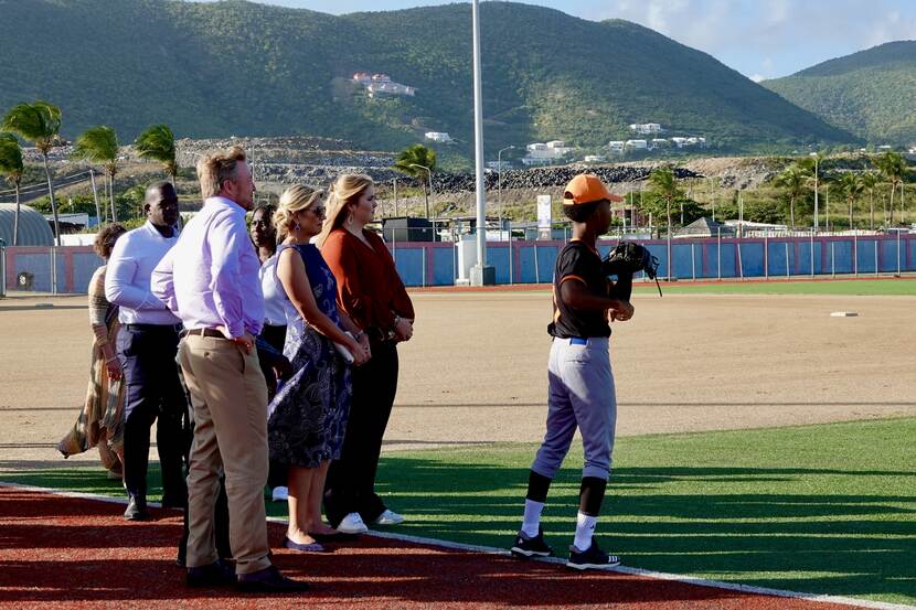 King Willem-Alexander, Queen Máxima and the Princess of Orange at a youth baseball tournament in St Maarten