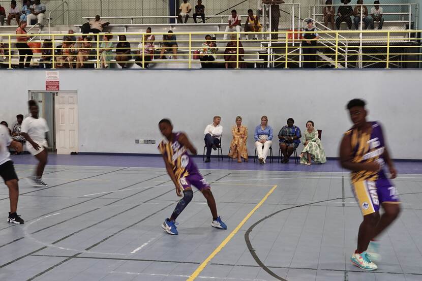 King Willem-Alexander, Queen Máxima and the Princess of Orange at a basketball practice session in St Eustatius