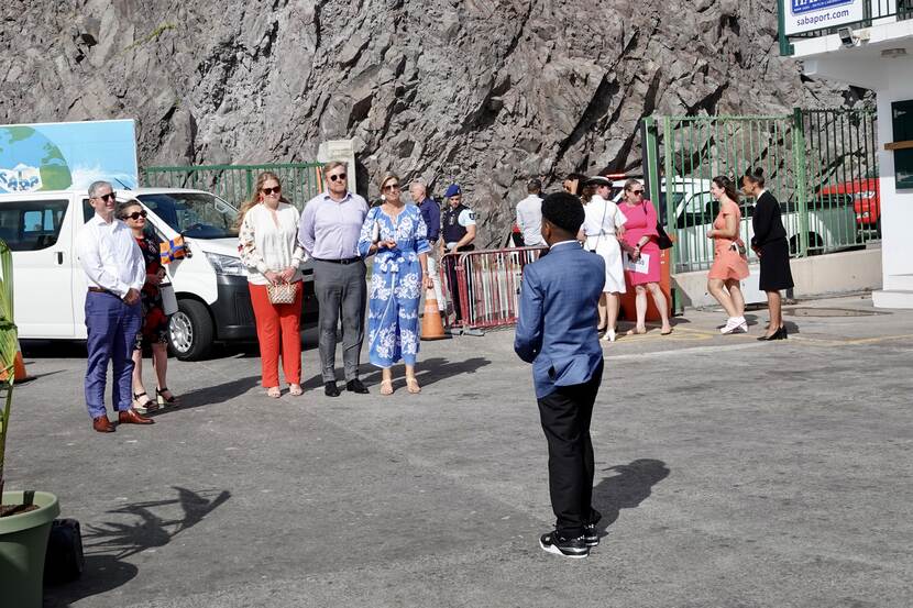 King Willem-Alexander, Queen Máxima and the Princess of Orange at the harbour in Saba