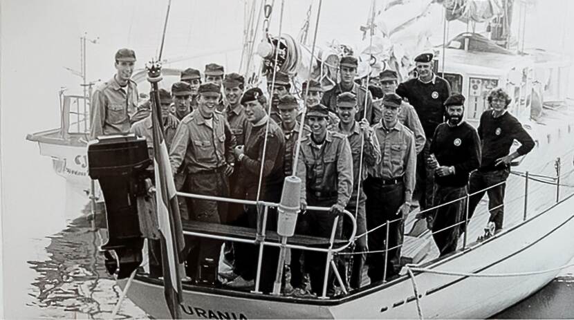 The Prince of Orange on HNLMS Urania, a sail training ship for navy officers in training, 1985.