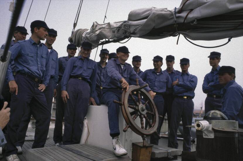 The Prince of Orange on HNLMS Urania, a sail training ship for navy officers in training, 1985.