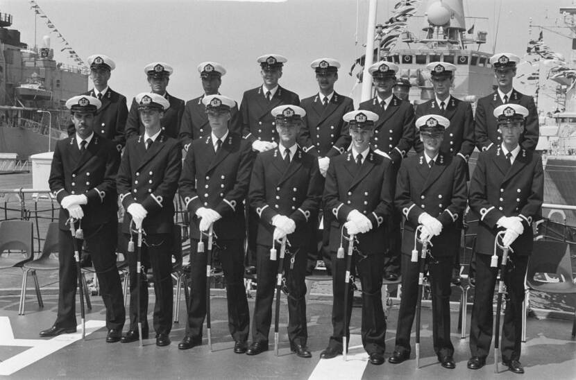 The Prince of Orange is sworn in as a sub-lieutenant in the navy aboard HNLMS Tromp in Den Helder, 1986.