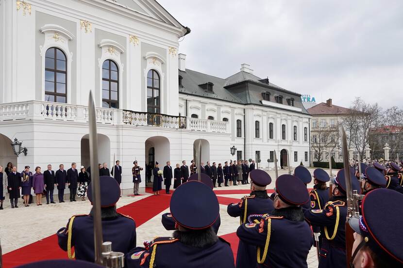 King Willem-Alexander and Queen Máxima are welcomed at the Presidential Palace in Bratislava by President Čaputová