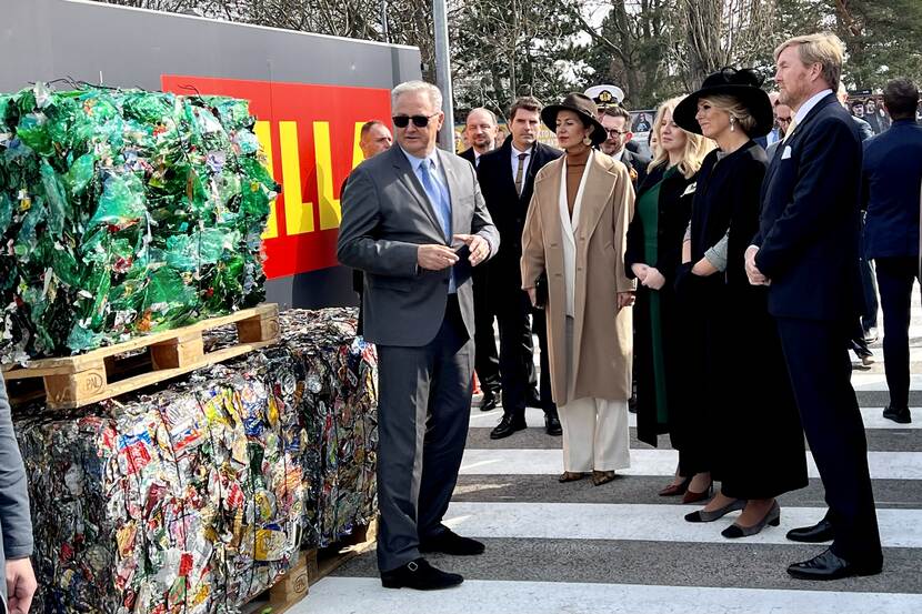 King Willem-Alexander and Queen Máxima at collection point for PET bottles and cans in Bratislava