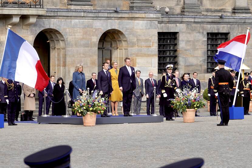 King Willem-Alexander and Queen Máxima welcome President and Mrs Macron on Dam Square in Amsterdam